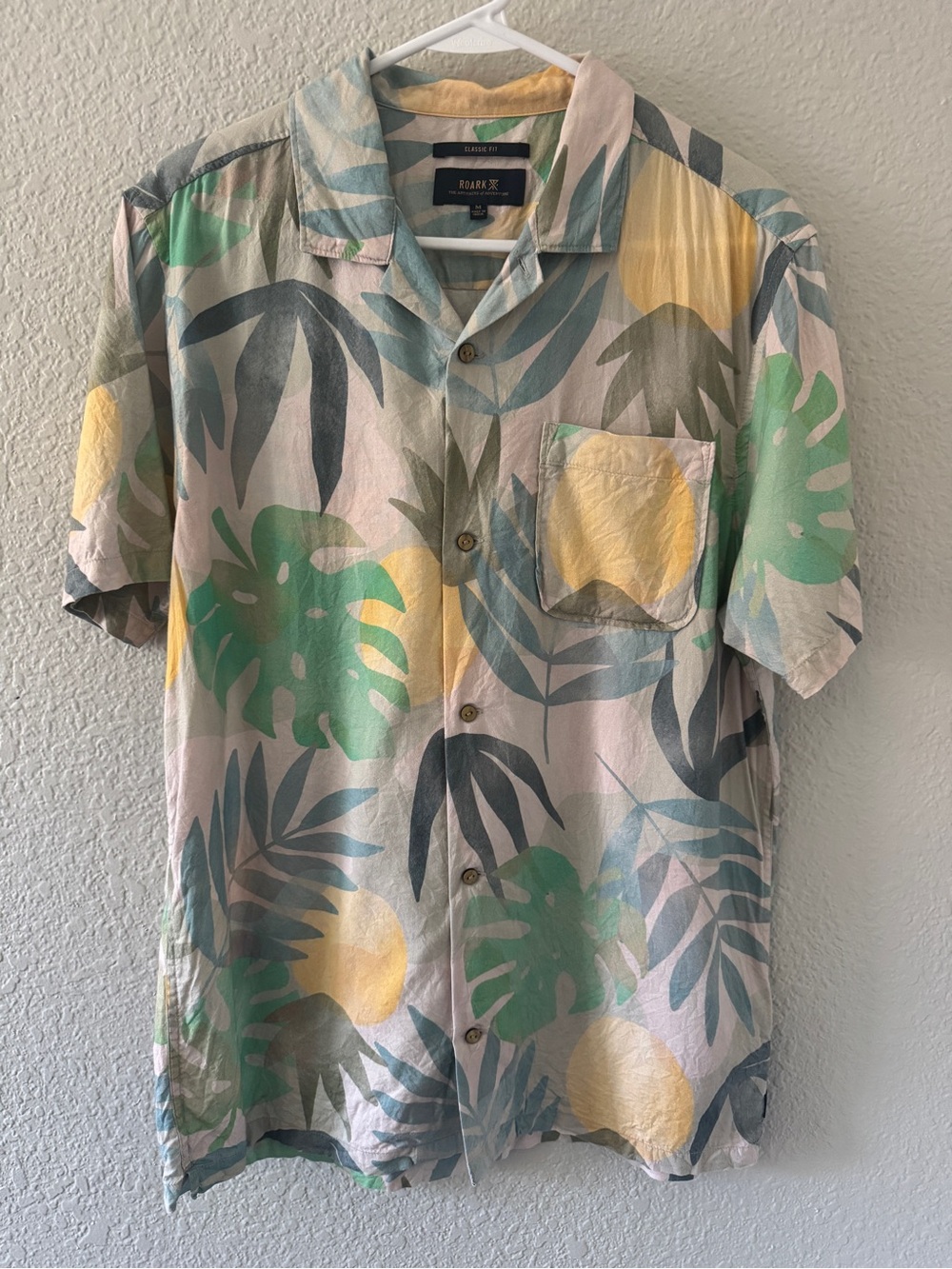 Roark Men’s Tropical Short-Sleeve Button Shirt — Green & Yellow Leaf Print